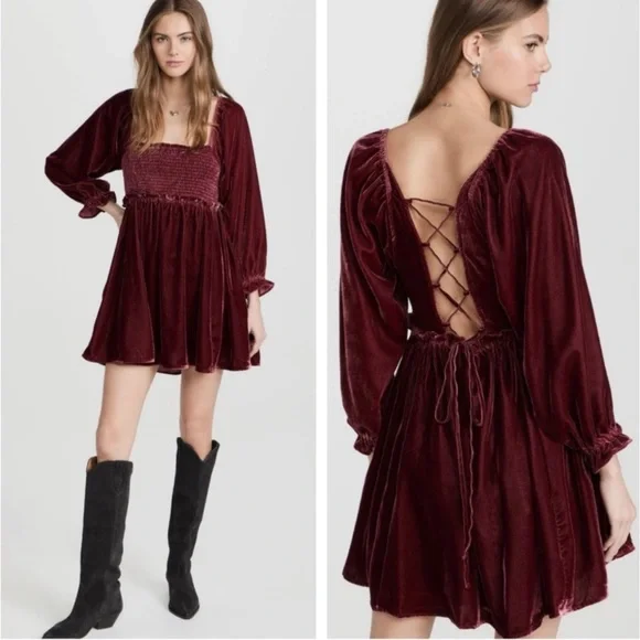 Free People Dainty Renaissance Daphne Velvet Mini Dress Burgundy Brown Medium - Picture 8 of 17